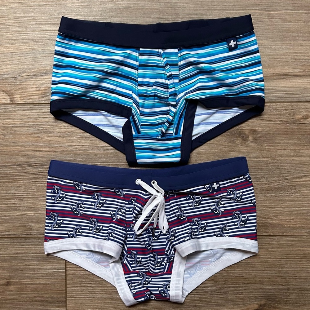 Andrew Christian | Savoy Stripe & Surf Stripe Trunks in Blue White (Small)